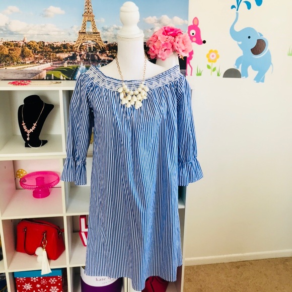 Tacera women blue &white off shoulder tunic dress - Picture 4 of 8